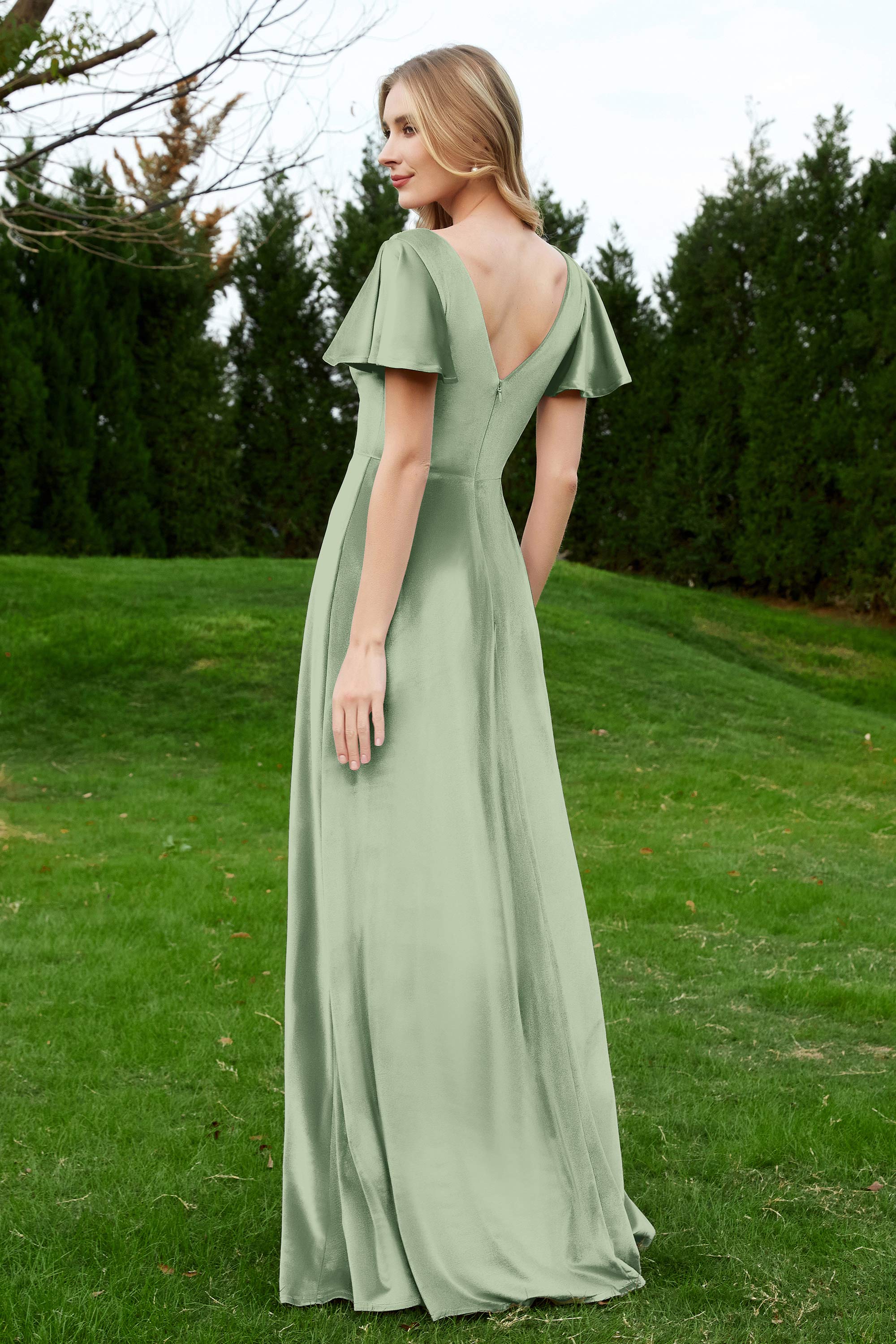 Velvet Flutter Sleeves Bridesmaid Dress Ruched Long Formal Evening Prom Dresses Gowns