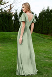 Velvet Flutter Sleeves Bridesmaid Dress Ruched Long Formal Evening Prom Dresses Gowns