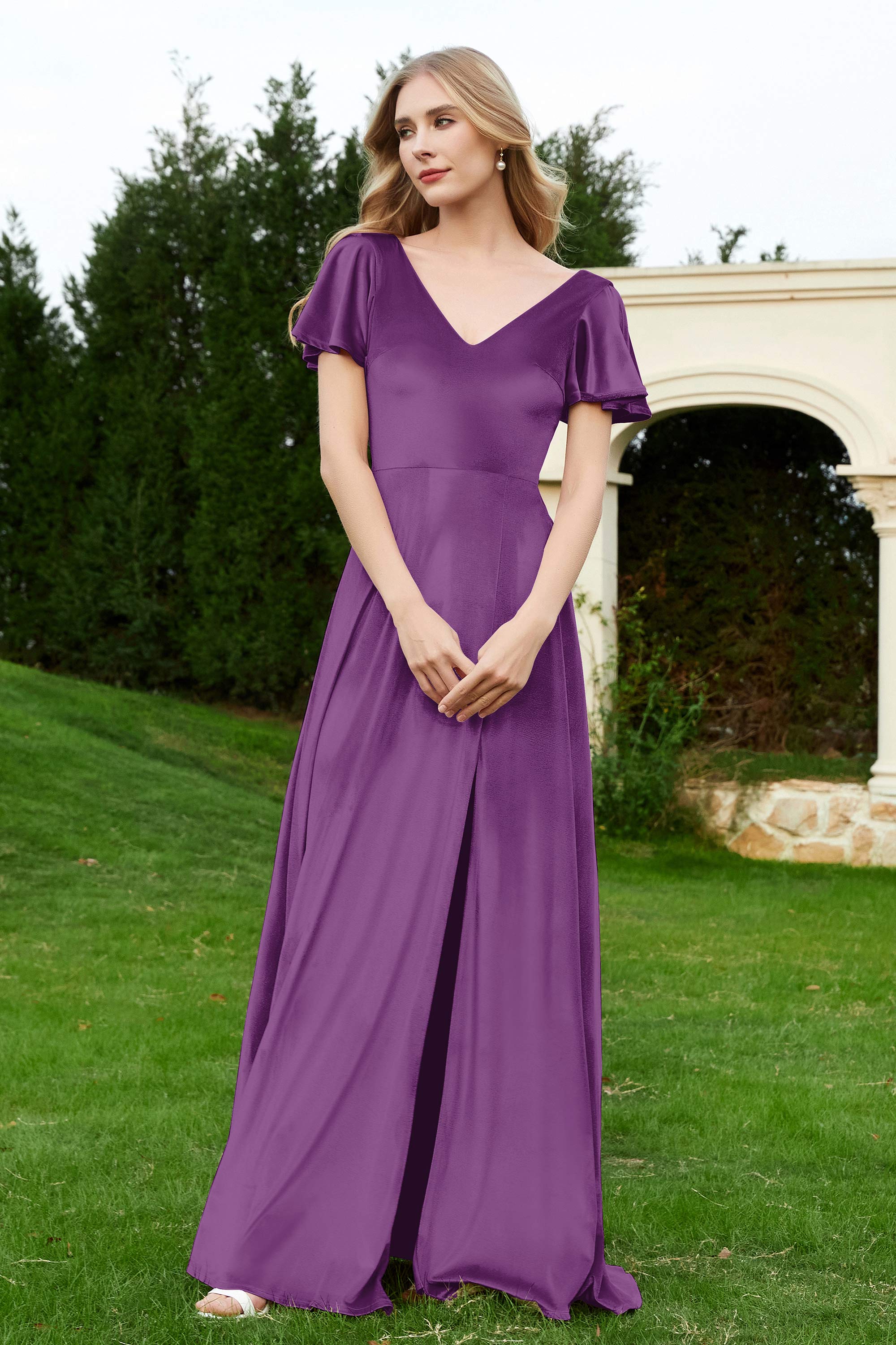 Velvet Flutter Sleeves Bridesmaid Dress Ruched Long Formal Evening Prom Dresses Gowns
