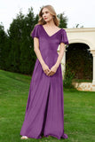 Velvet Flutter Sleeves Bridesmaid Dress Ruched Long Formal Evening Prom Dresses Gowns