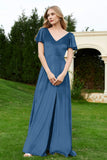 Velvet Flutter Sleeves Bridesmaid Dress Ruched Long Formal Evening Prom Dresses Gowns