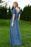 Velvet Flutter Sleeves Bridesmaid Dress Ruched Long Formal Evening Prom Dresses Gowns