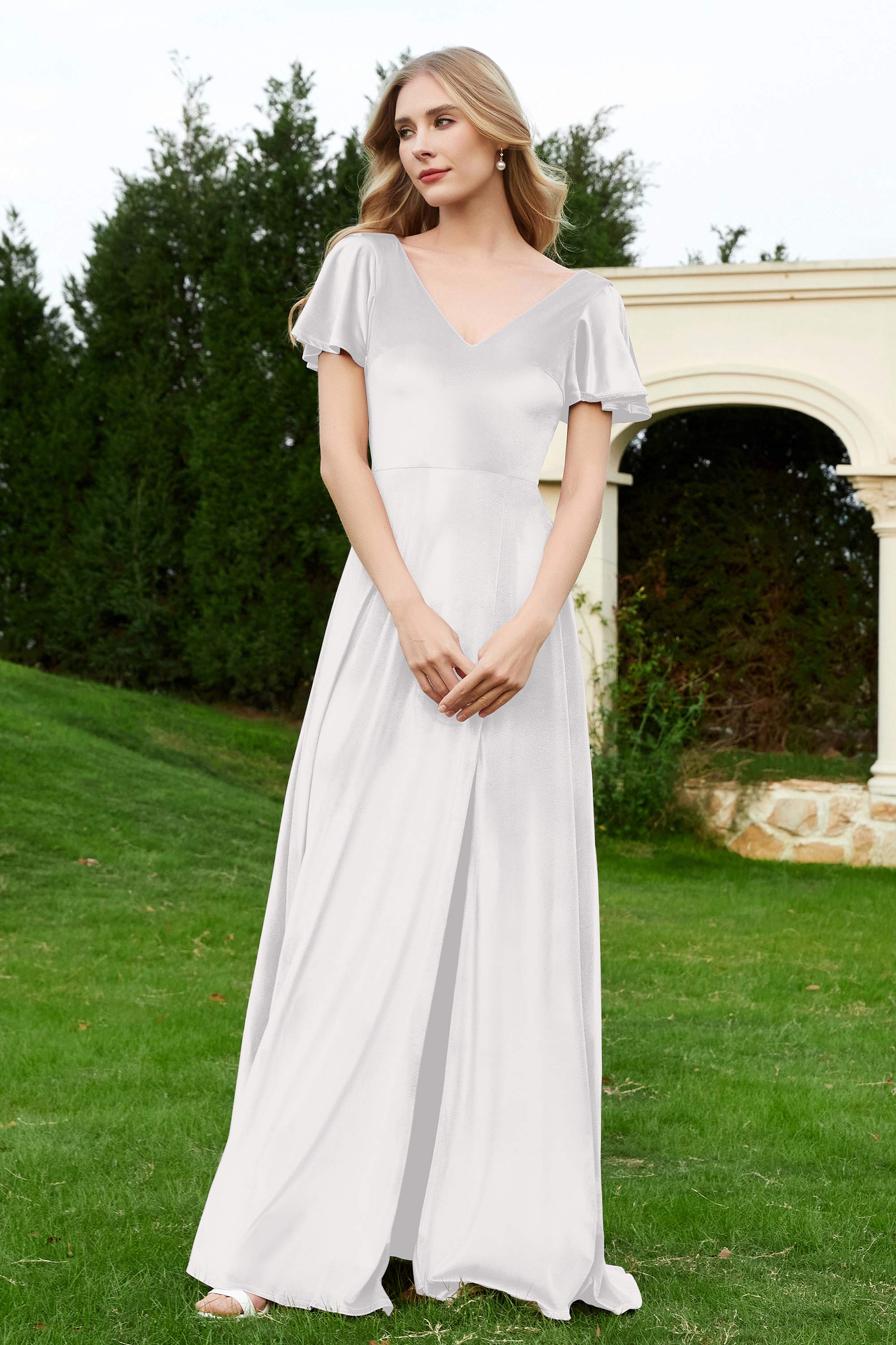 Velvet Flutter Sleeves Bridesmaid Dress Ruched Long Formal Evening Prom Dresses Gowns