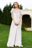 Velvet Flutter Sleeves Bridesmaid Dress Ruched Long Formal Evening Prom Dresses Gowns