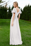 Velvet Flutter Sleeves Bridesmaid Dress Ruched Long Formal Evening Prom Dresses Gowns
