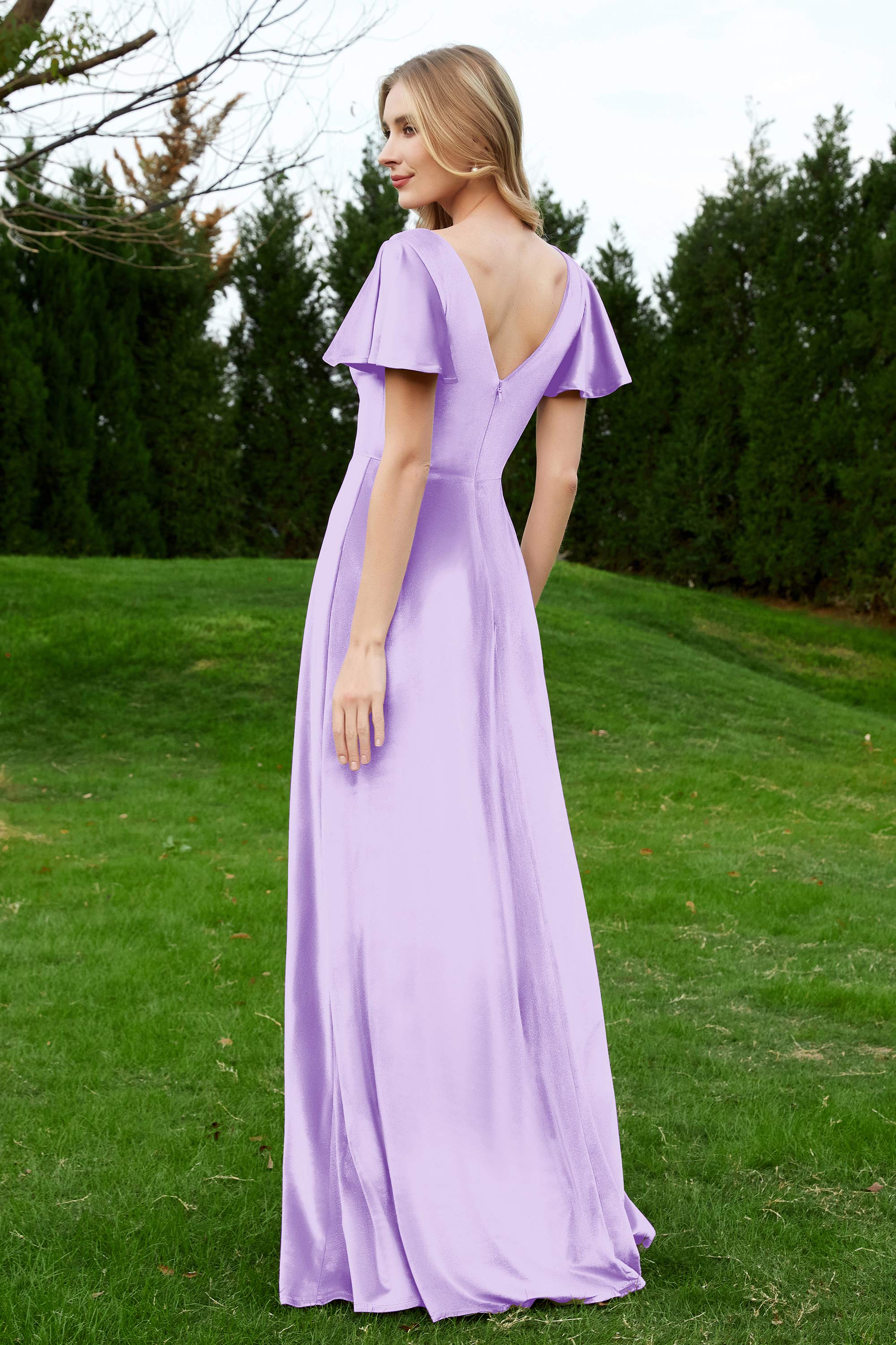 Velvet Flutter Sleeves Bridesmaid Dress Ruched Long Formal Evening Prom Dresses Gowns
