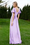Velvet Flutter Sleeves Bridesmaid Dress Ruched Long Formal Evening Prom Dresses Gowns