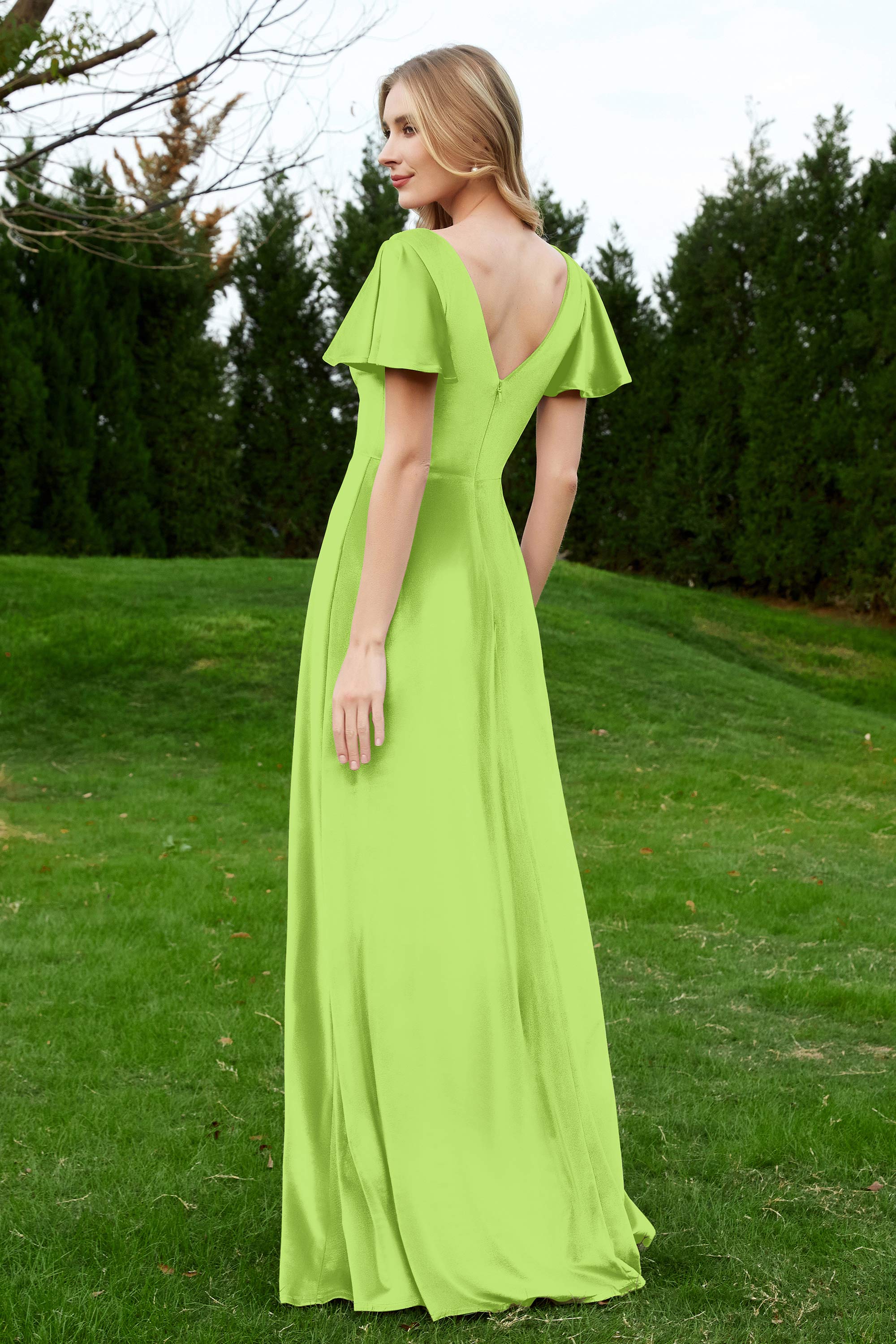 Velvet Flutter Sleeves Bridesmaid Dress Ruched Long Formal Evening Prom Dresses Gowns