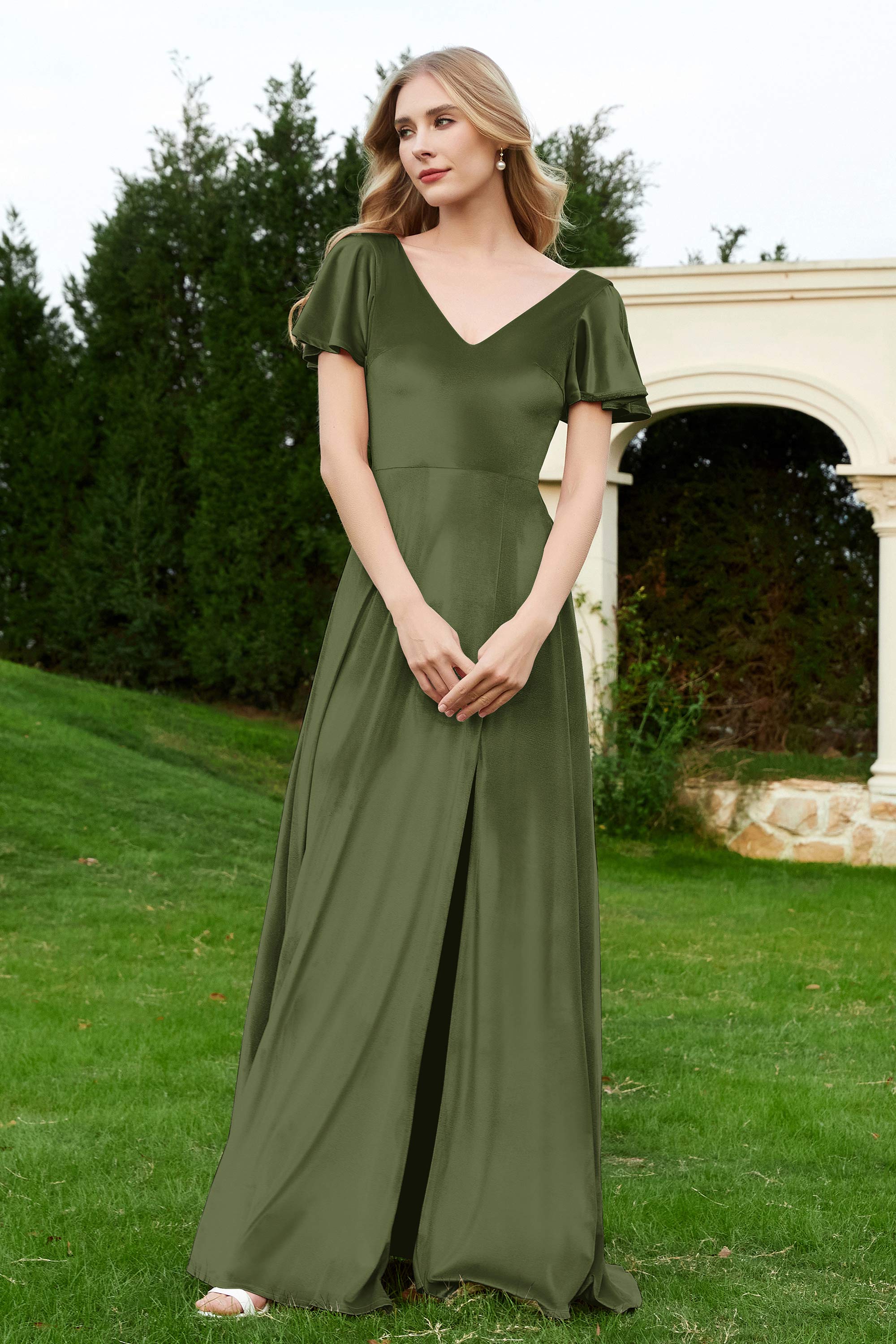 Velvet Flutter Sleeves Bridesmaid Dress Ruched Long Formal Evening Prom Dresses Gowns