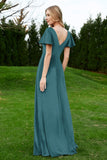 Velvet Flutter Sleeves Bridesmaid Dress Ruched Long Formal Evening Prom Dresses Gowns