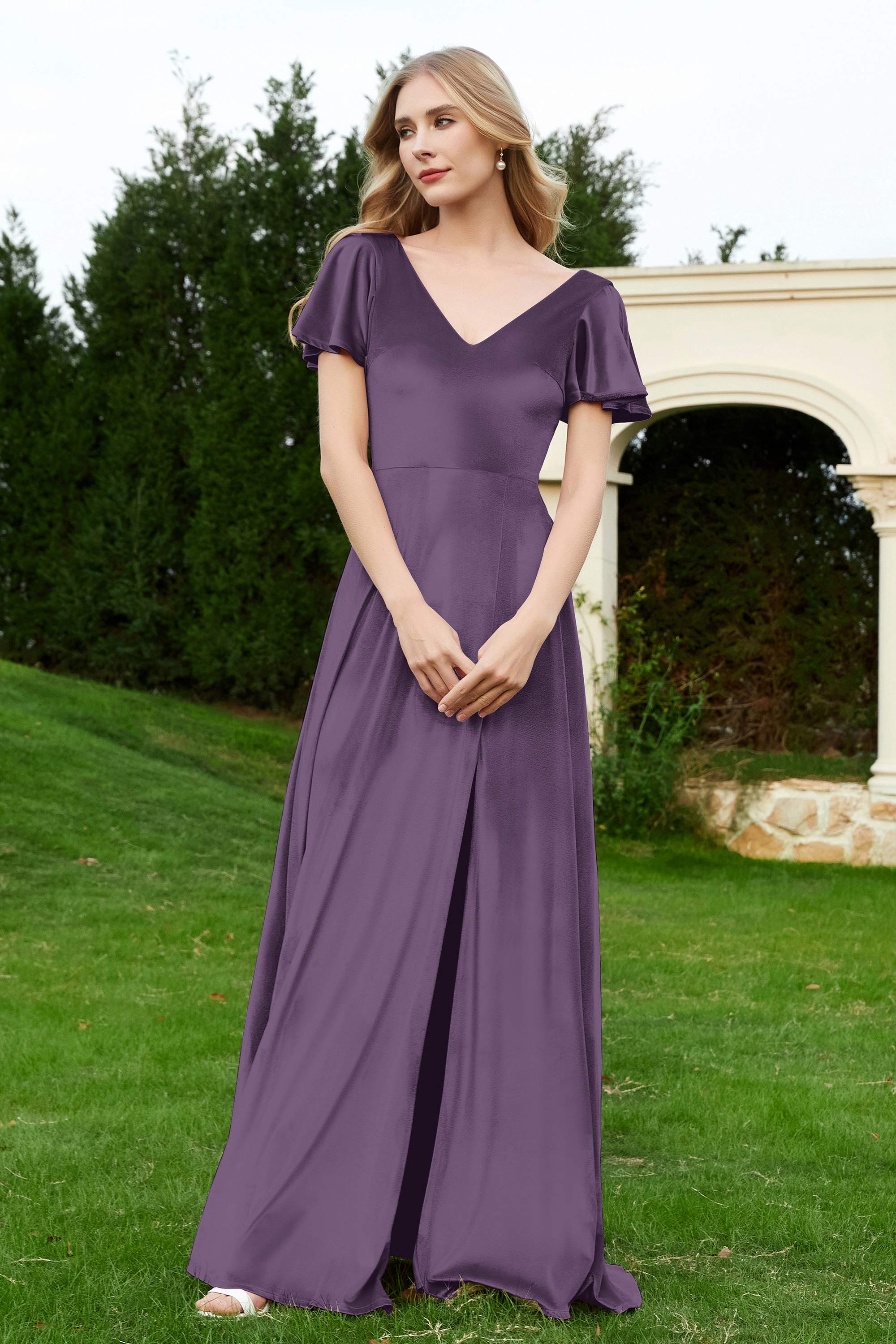 Velvet Flutter Sleeves Bridesmaid Dress Ruched Long Formal Evening Prom Dresses Gowns