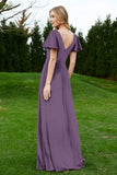 Velvet Flutter Sleeves Bridesmaid Dress Ruched Long Formal Evening Prom Dresses Gowns