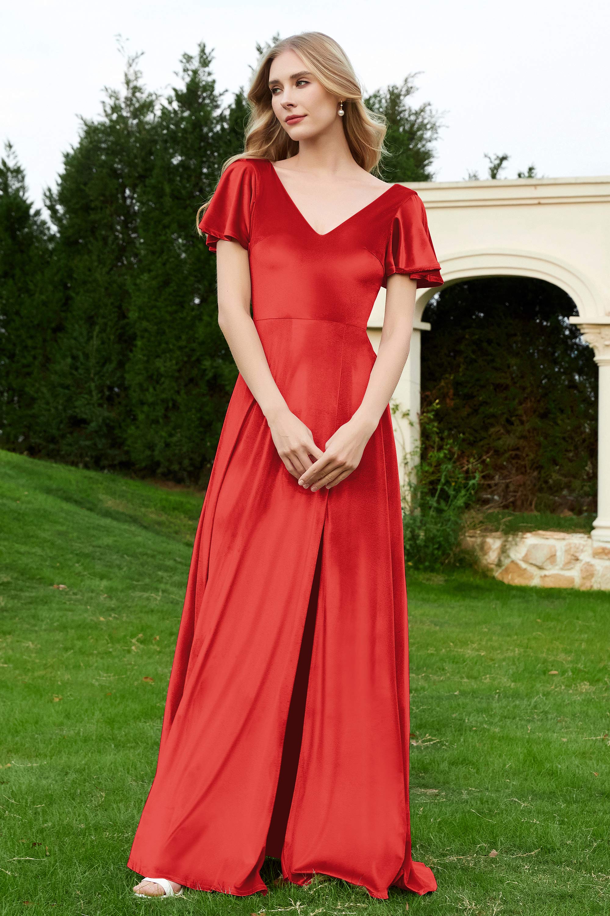 Velvet Flutter Sleeves Bridesmaid Dress Ruched Long Formal Evening Prom Dresses Gowns