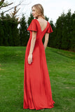 Velvet Flutter Sleeves Bridesmaid Dress Ruched Long Formal Evening Prom Dresses Gowns