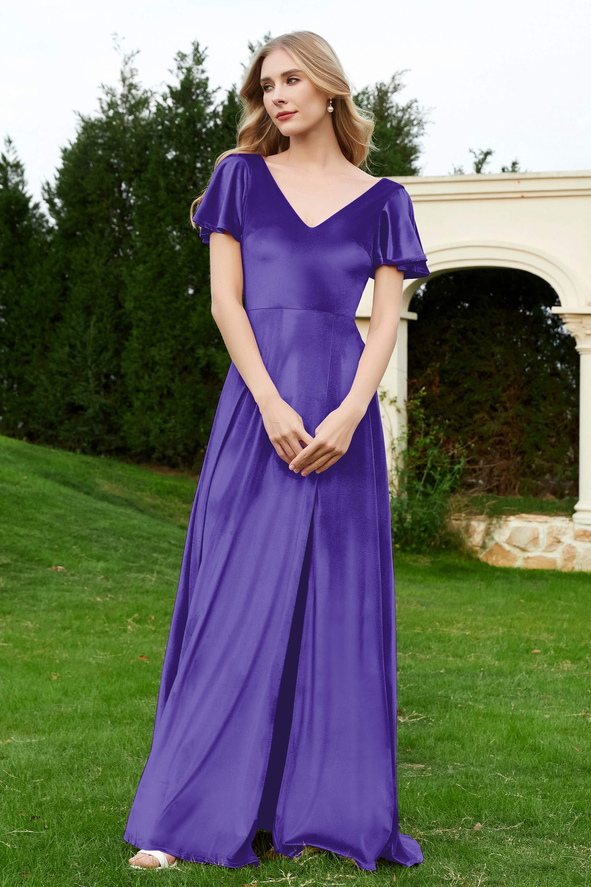 Velvet Flutter Sleeves Bridesmaid Dress Ruched Long Formal Evening Prom Dresses Gowns