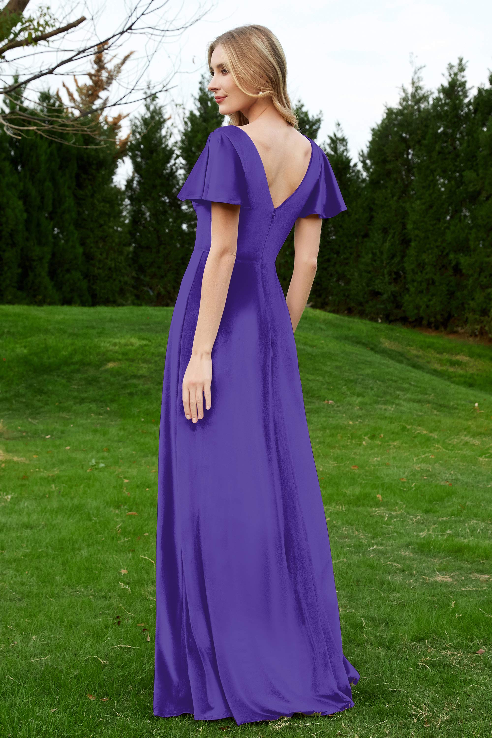 Velvet Flutter Sleeves Bridesmaid Dress Ruched Long Formal Evening Prom Dresses Gowns