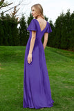 Velvet Flutter Sleeves Bridesmaid Dress Ruched Long Formal Evening Prom Dresses Gowns
