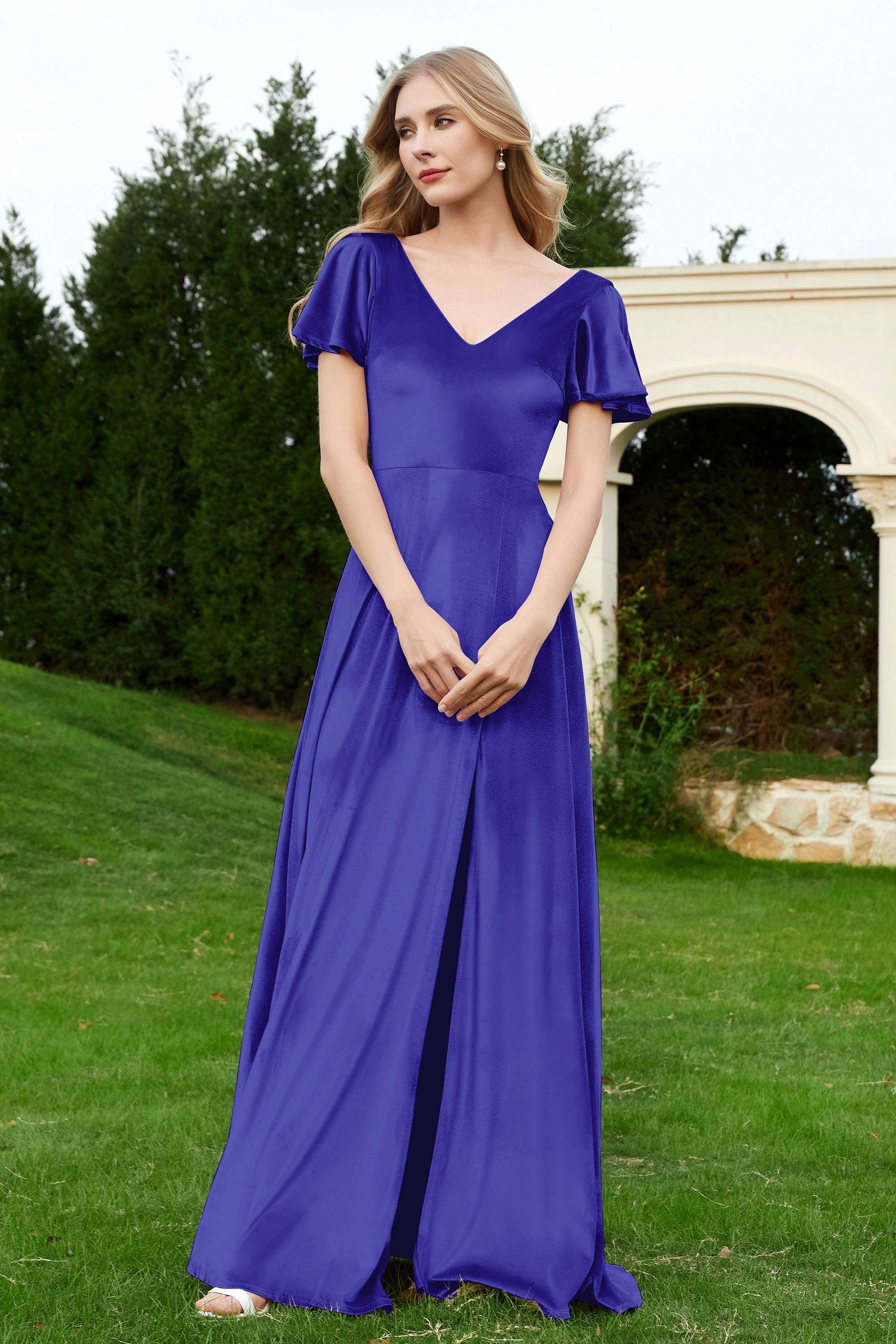 Velvet Flutter Sleeves Bridesmaid Dress Ruched Long Formal Evening Prom Dresses Gowns
