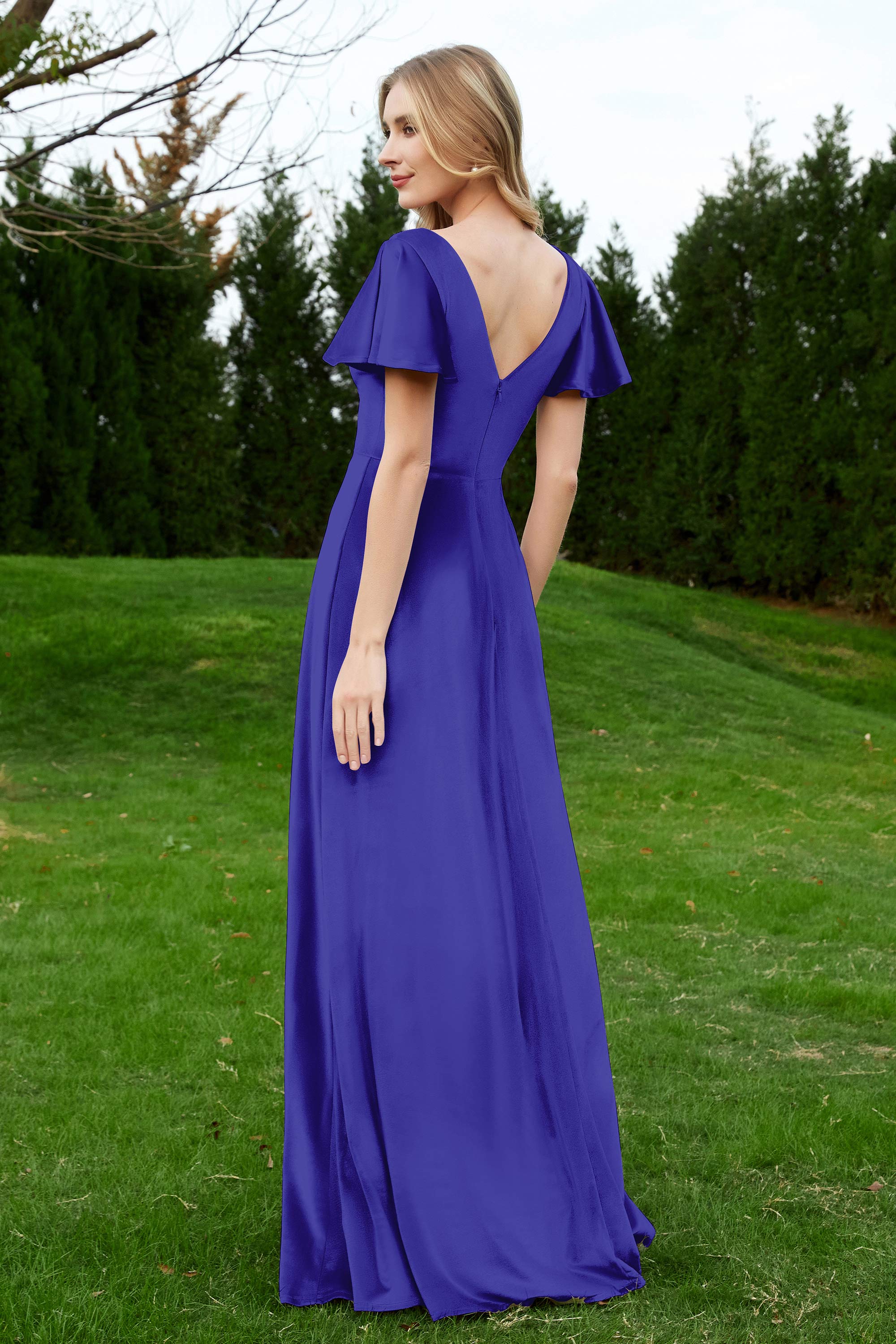 Velvet Flutter Sleeves Bridesmaid Dress Ruched Long Formal Evening Prom Dresses Gowns