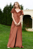 Velvet Flutter Sleeves Bridesmaid Dress Ruched Long Formal Evening Prom Dresses Gowns