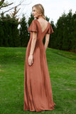 Velvet Flutter Sleeves Bridesmaid Dress Ruched Long Formal Evening Prom Dresses Gowns