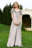 Velvet Flutter Sleeves Bridesmaid Dress Ruched Long Formal Evening Prom Dresses Gowns