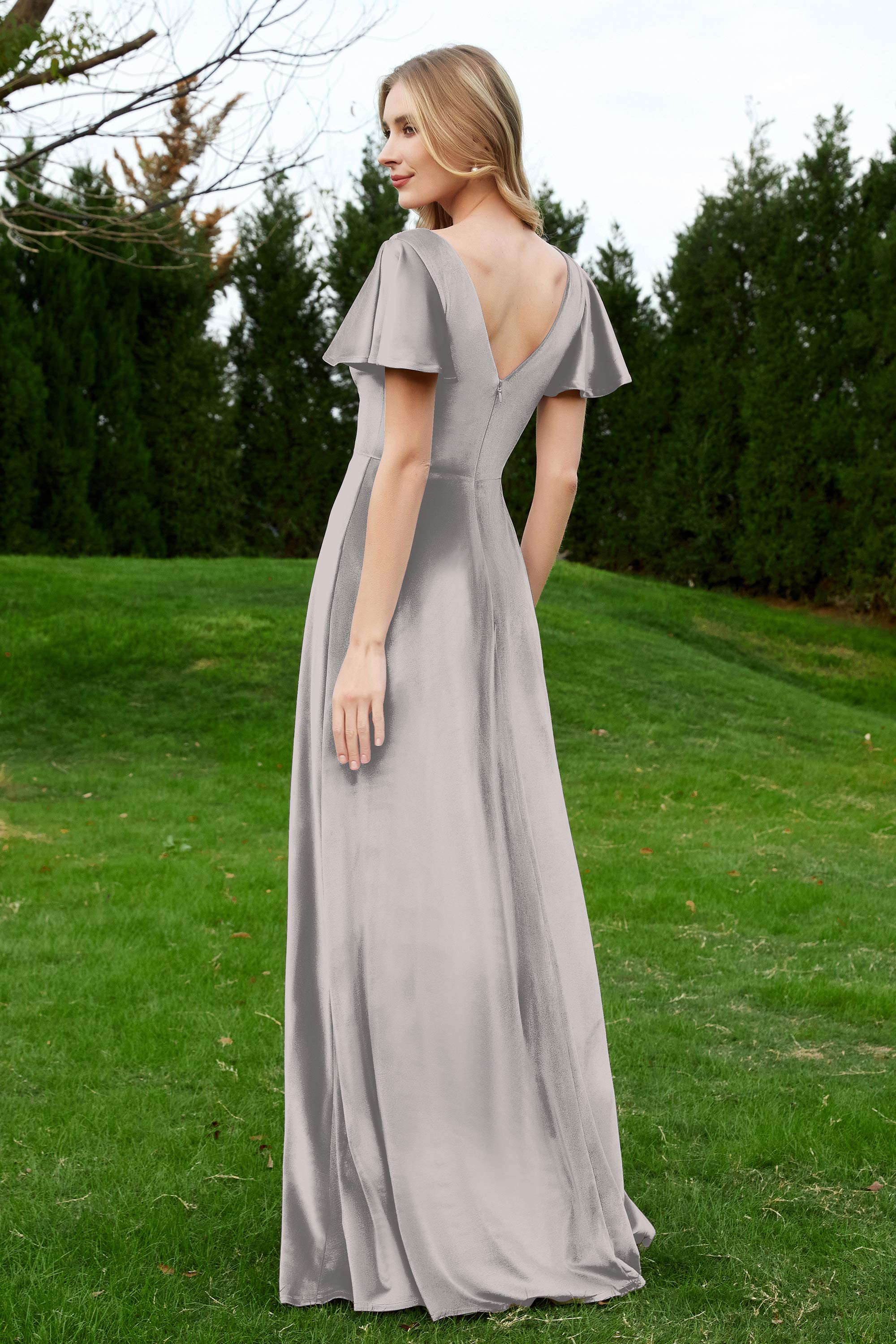 Velvet Flutter Sleeves Bridesmaid Dress Ruched Long Formal Evening Prom Dresses Gowns