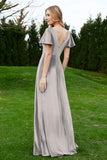 Velvet Flutter Sleeves Bridesmaid Dress Ruched Long Formal Evening Prom Dresses Gowns