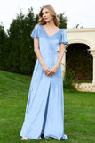 Velvet Flutter Sleeves Bridesmaid Dress Ruched Long Formal Evening Prom Dresses Gowns