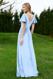 Velvet Flutter Sleeves Bridesmaid Dress Ruched Long Formal Evening Prom Dresses Gowns