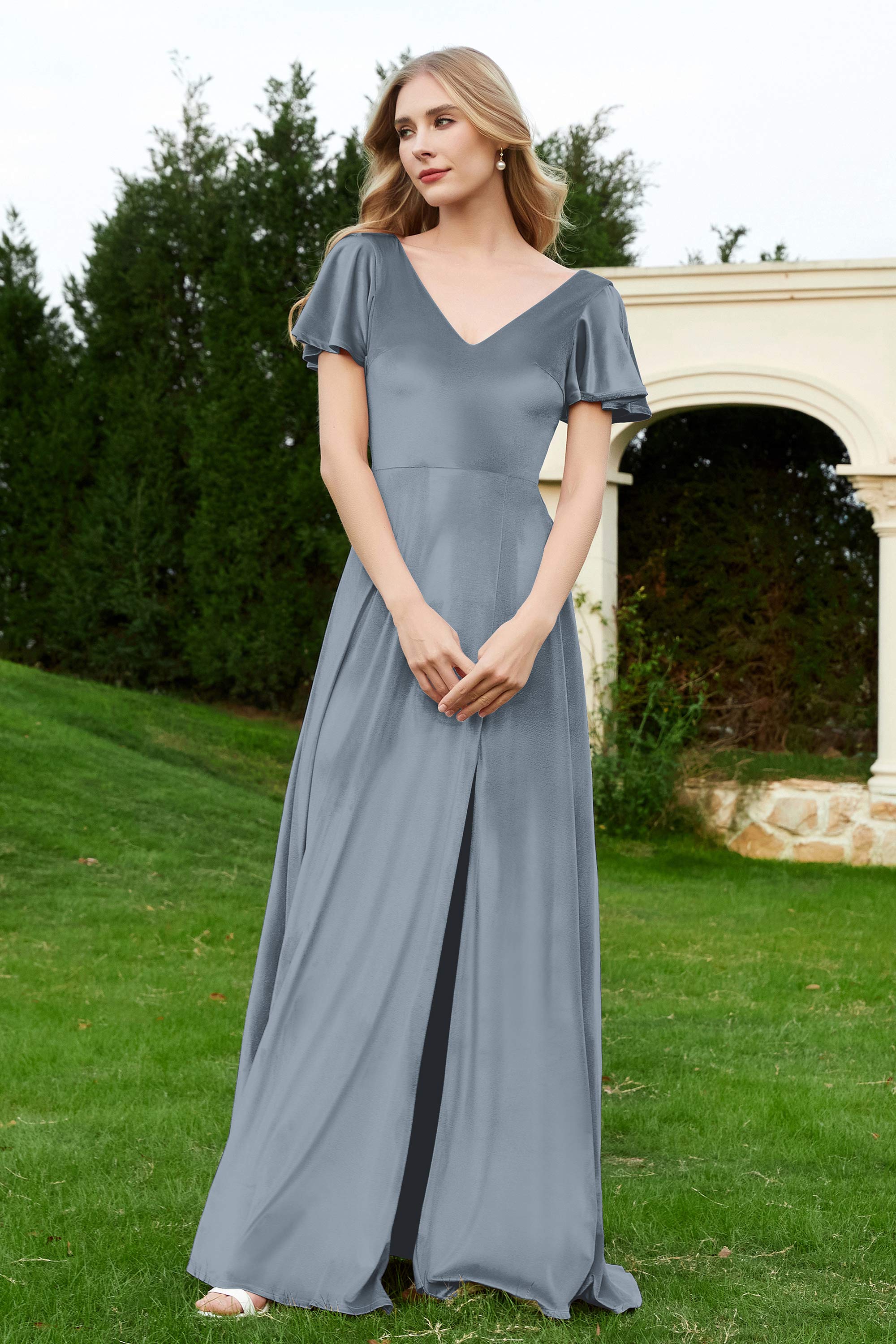 Velvet Flutter Sleeves Bridesmaid Dress Ruched Long Formal Evening Prom Dresses Gowns