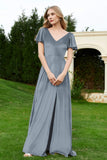 Velvet Flutter Sleeves Bridesmaid Dress Ruched Long Formal Evening Prom Dresses Gowns