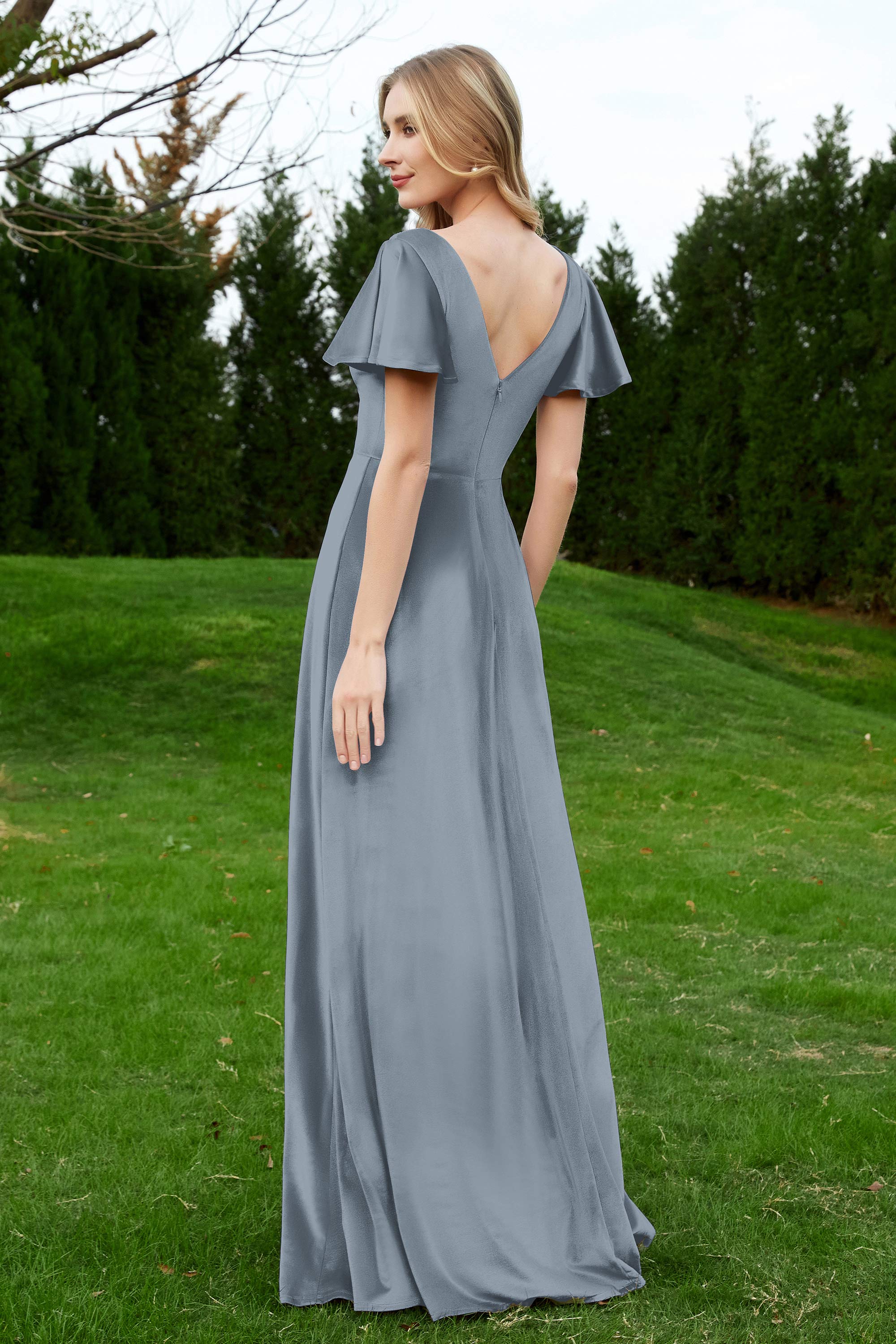 Velvet Flutter Sleeves Bridesmaid Dress Ruched Long Formal Evening Prom Dresses Gowns