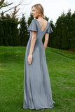 Velvet Flutter Sleeves Bridesmaid Dress Ruched Long Formal Evening Prom Dresses Gowns