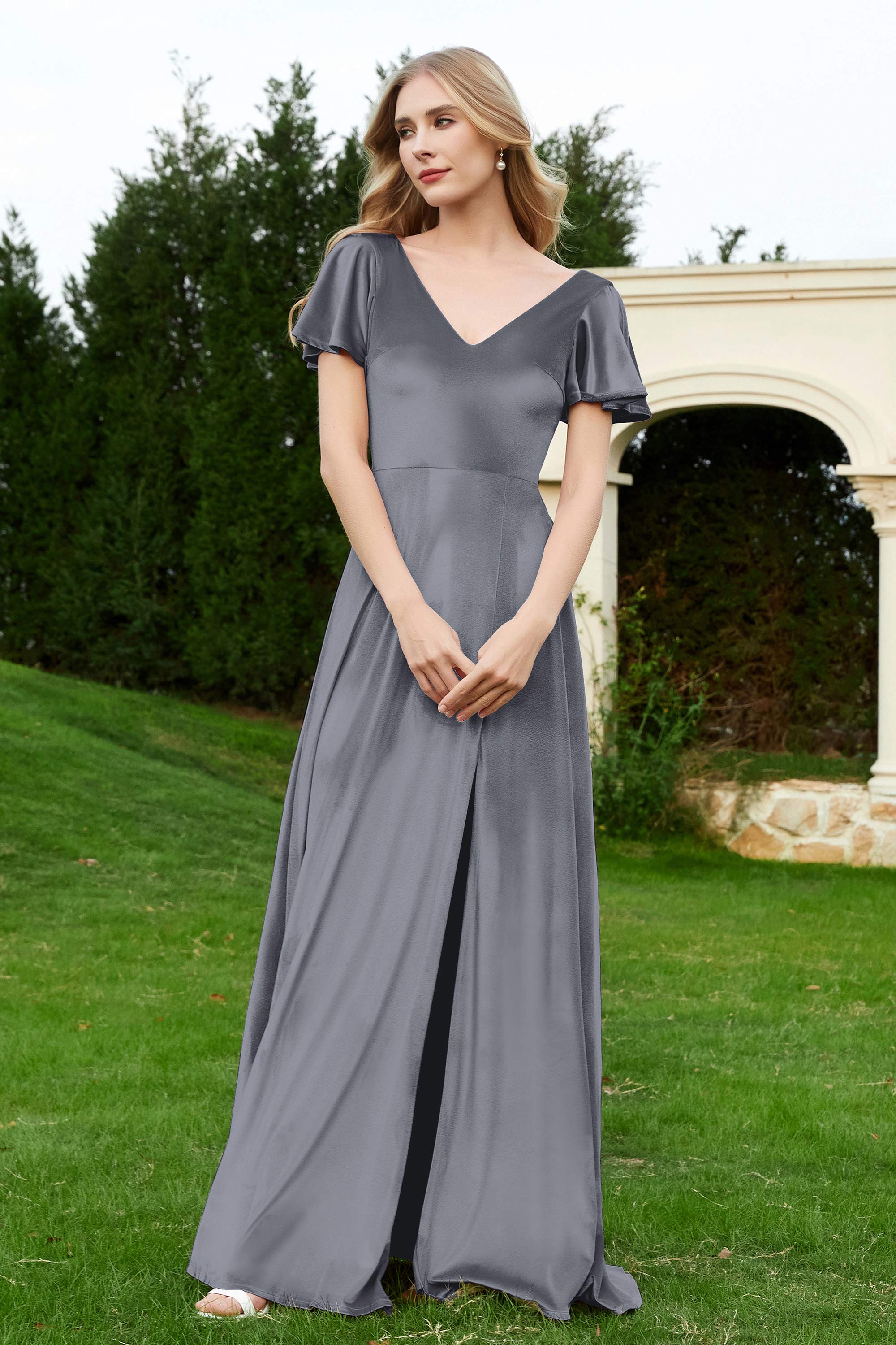 Velvet Flutter Sleeves Bridesmaid Dress Ruched Long Formal Evening Prom Dresses Gowns