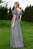 Velvet Flutter Sleeves Bridesmaid Dress Ruched Long Formal Evening Prom Dresses Gowns