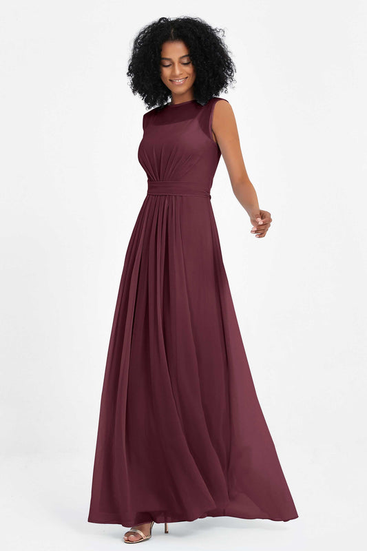 Illusion scoop neckline Chiffon bridesmaid dresses women's formal evening dress gowns