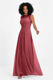 Illusion scoop neckline Chiffon bridesmaid dresses women's formal evening dress gowns