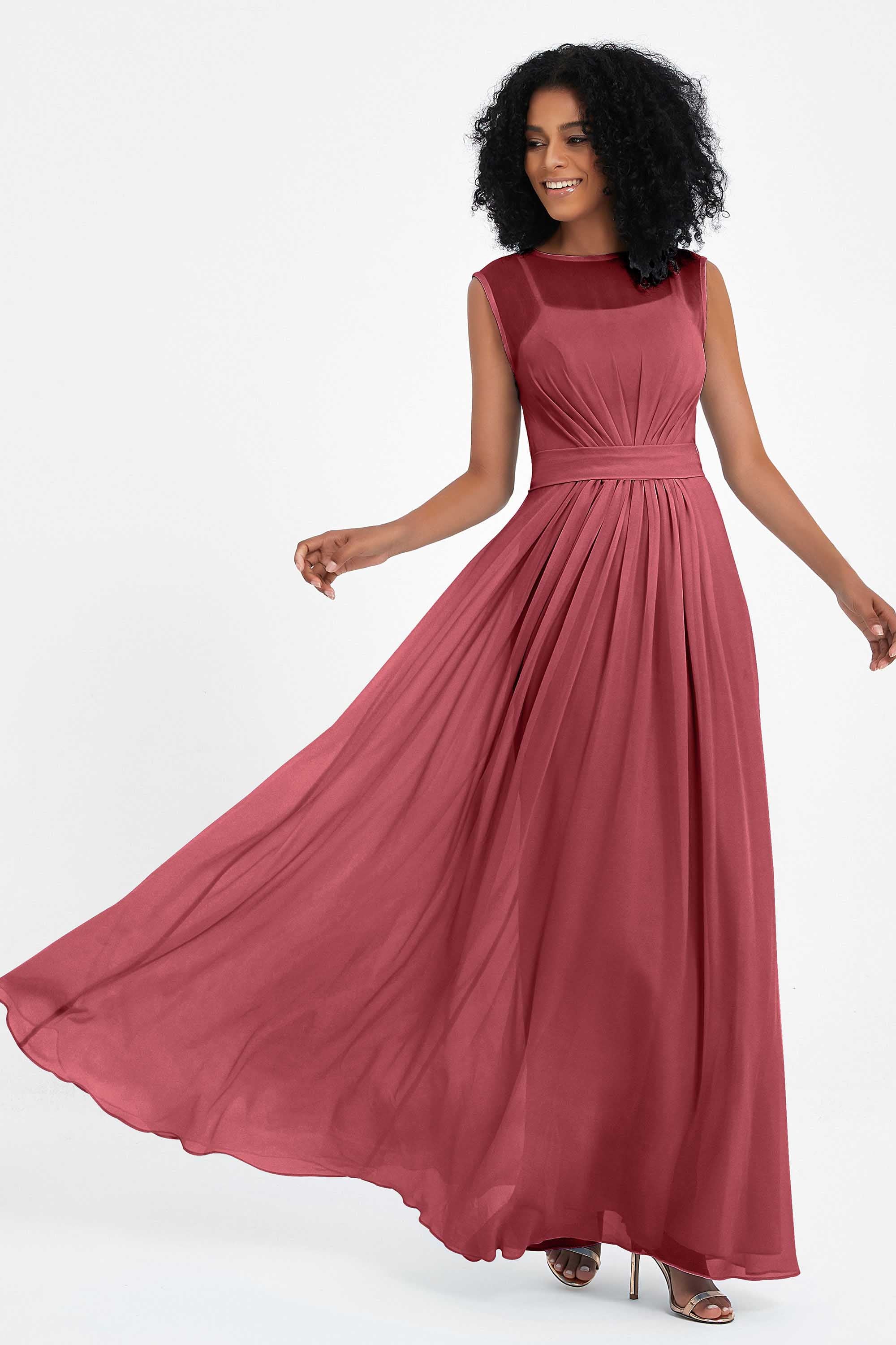 Illusion scoop neckline Chiffon bridesmaid dresses women's formal evening dress gowns