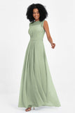 Illusion scoop neckline Chiffon bridesmaid dresses women's formal evening dress gowns