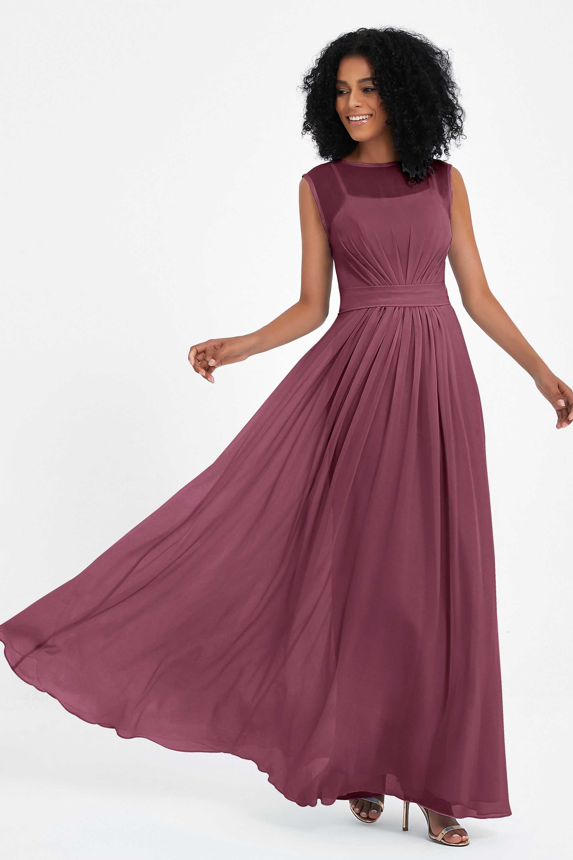 Illusion scoop neckline Chiffon bridesmaid dresses women's formal evening dress gowns