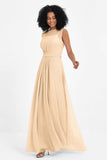 Illusion scoop neckline Chiffon bridesmaid dresses women's formal evening dress gowns