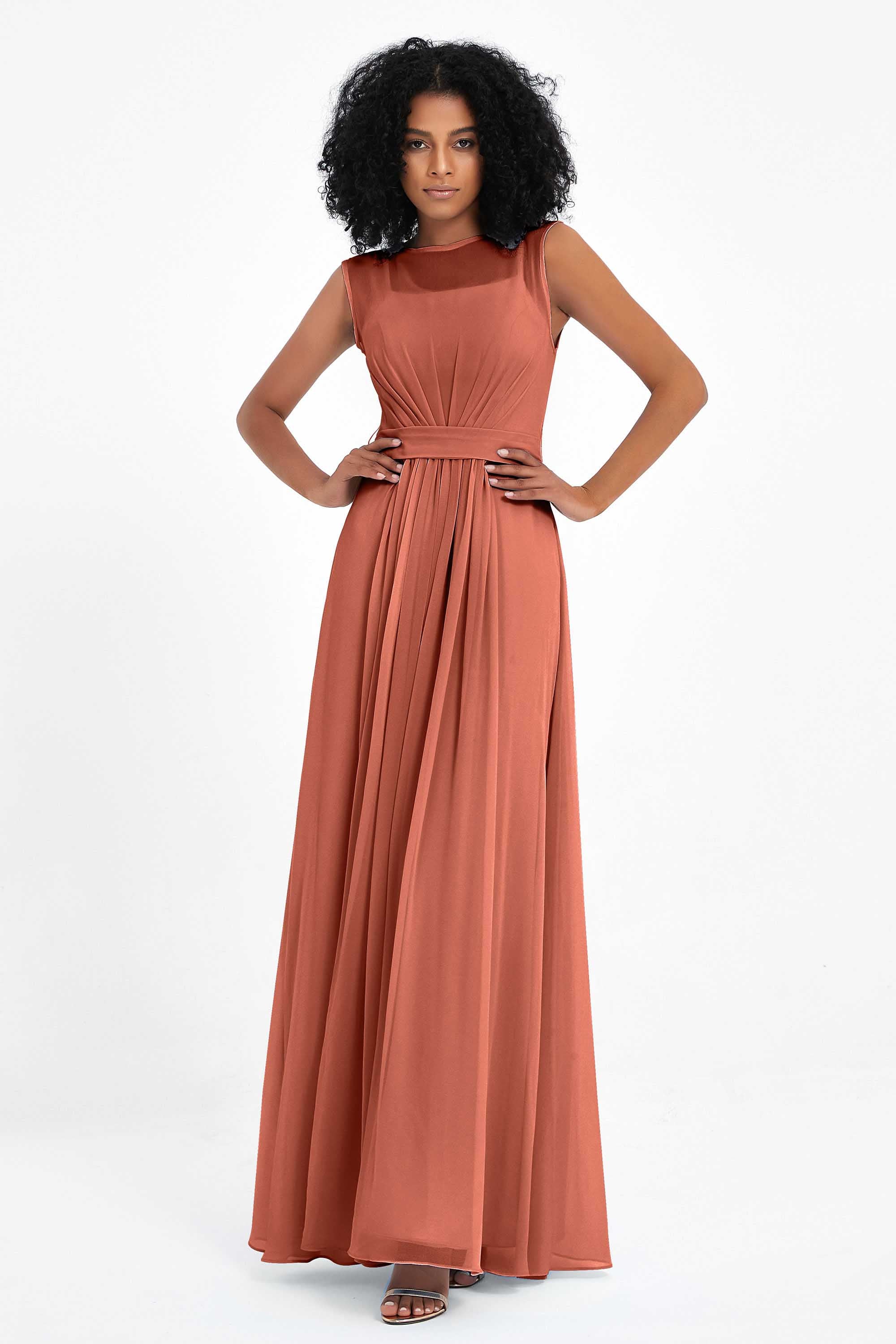 Illusion scoop neckline Chiffon bridesmaid dresses women's formal evening dress gowns