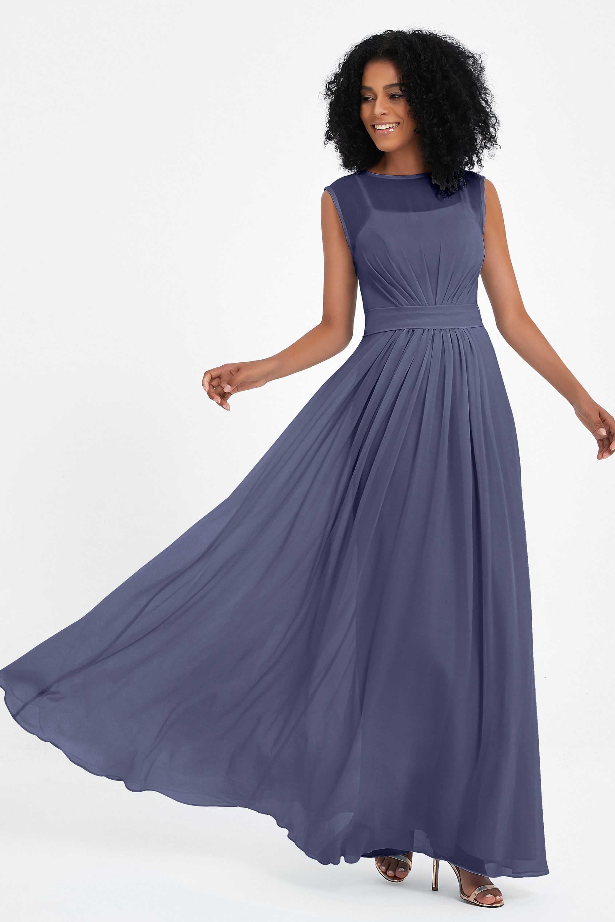 Illusion scoop neckline Chiffon bridesmaid dresses women's formal evening dress gowns
