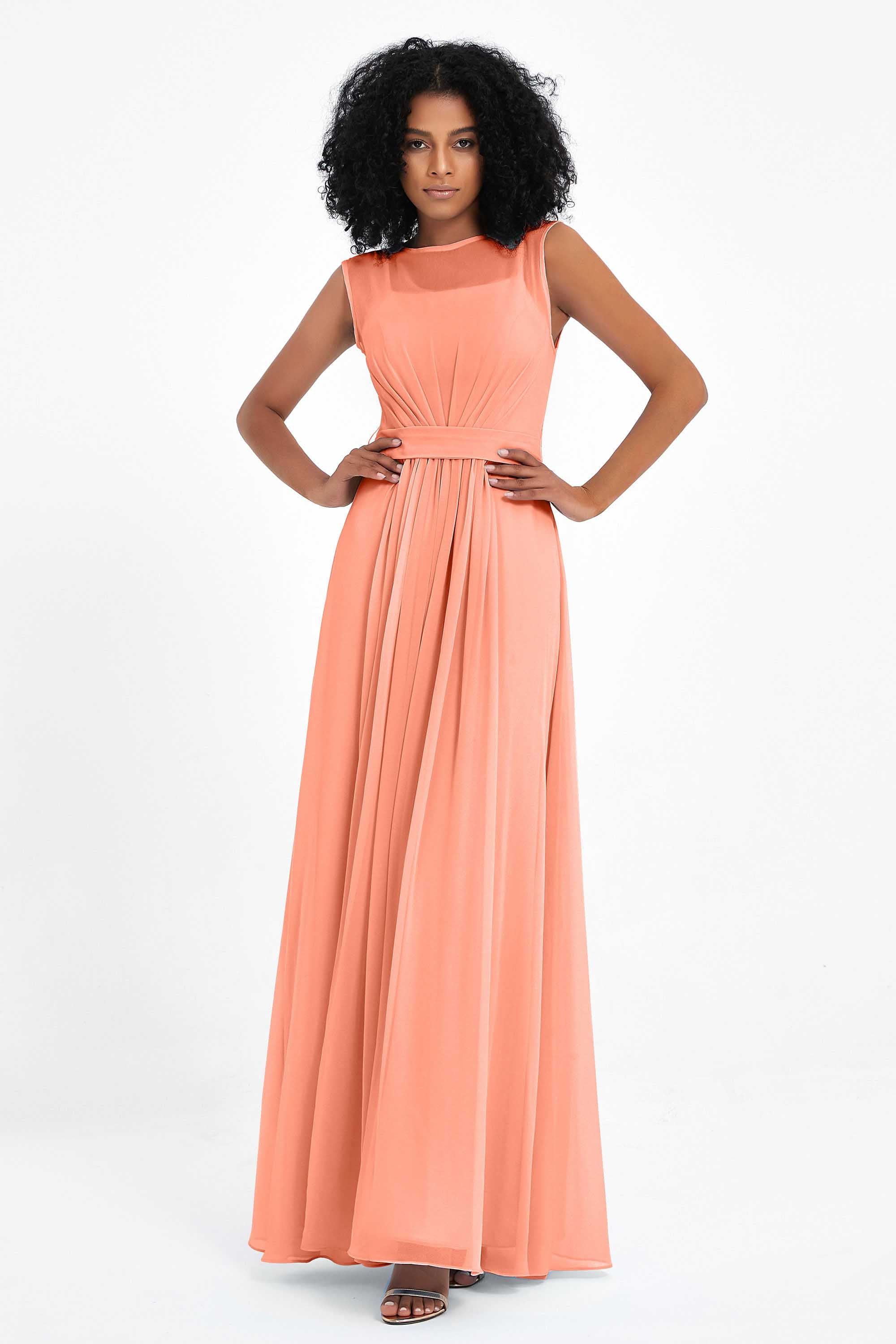 Illusion scoop neckline Chiffon bridesmaid dresses women's formal evening dress gowns