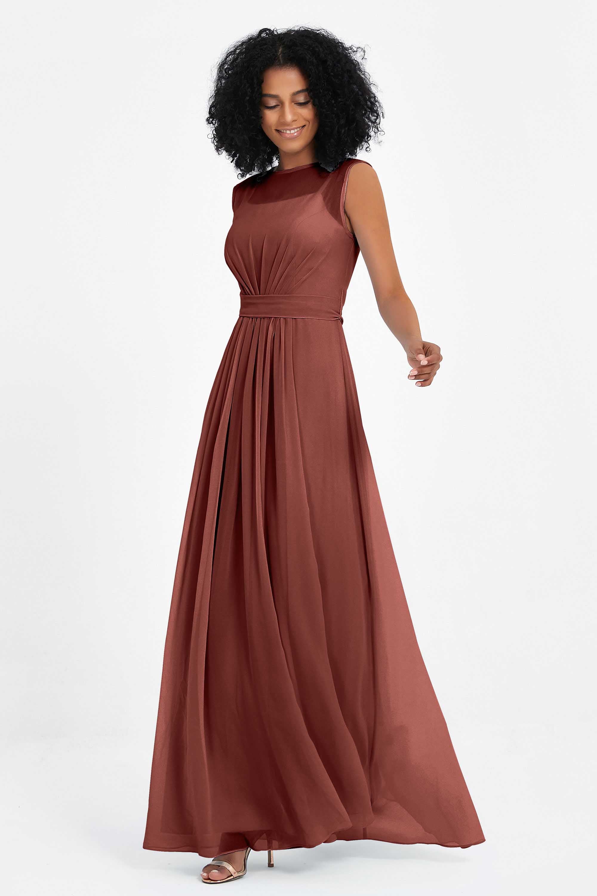 Illusion scoop neckline Chiffon bridesmaid dresses women's formal evening dress gowns