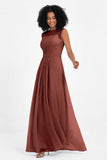 Illusion scoop neckline Chiffon bridesmaid dresses women's formal evening dress gowns