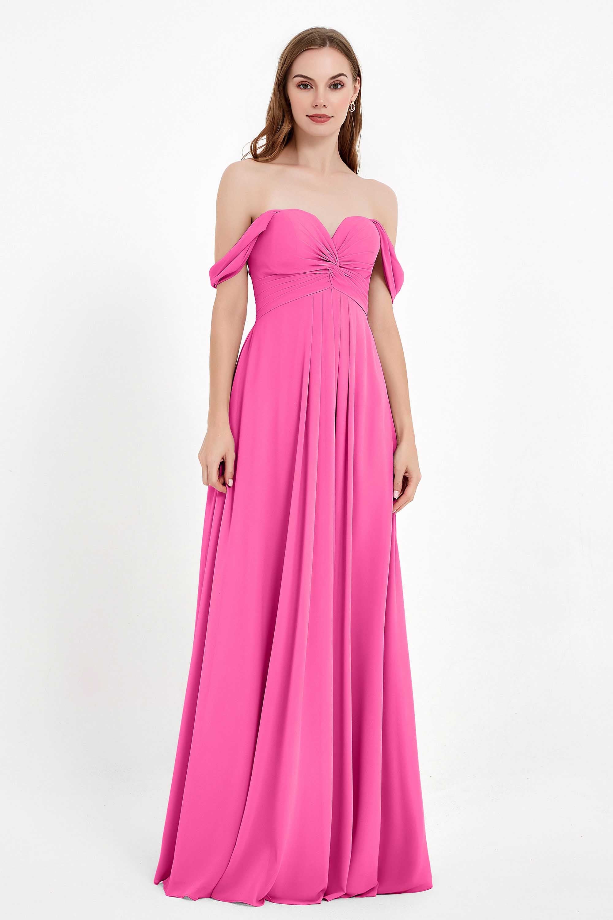 Off the Shoulder Chiffon Empire Bridesmaid Dress Pleated Ruched Long Formal Evening Gowns