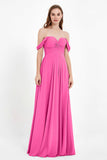 Off the Shoulder Chiffon Empire Bridesmaid Dress Pleated Ruched Long Formal Evening Gowns