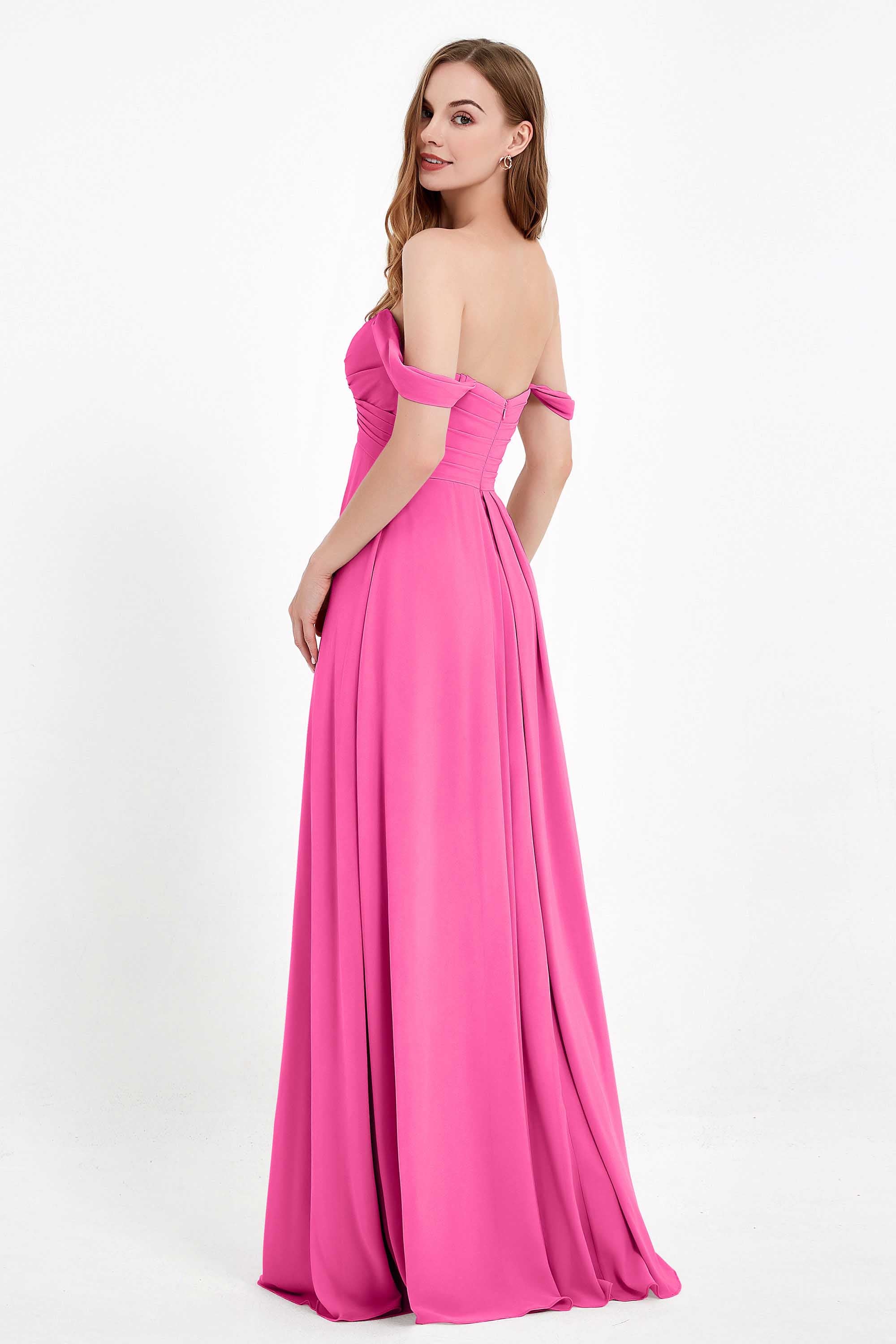 Off the Shoulder Chiffon Empire Bridesmaid Dress Pleated Ruched Long Formal Evening Gowns
